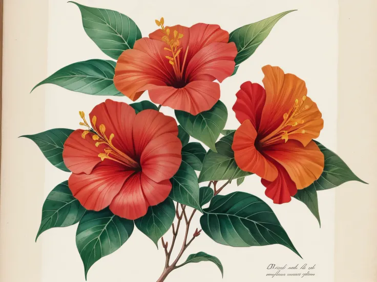 Una hermosa planta de hibiscus llena de flores rojas, botanically correct, Old botanical poster in watercolors