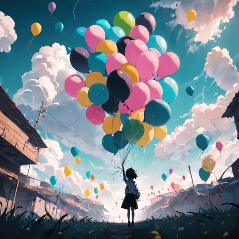 a black and white photo of colorful balloons in the sky, color effect only on balloons, imagem que demonstra liberdade e felicidade, * salpicos de cor *, salpicos de cor, salpicos de cor, futuro!!, Beautiful image, party balloons, Awesome, Por Irakli Nadar...