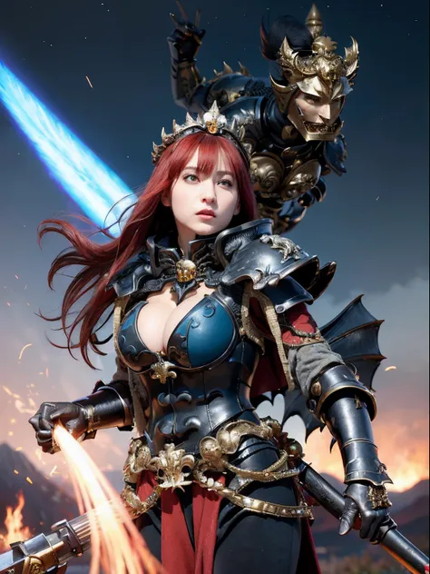 (masutepiece), Professional , ​masterpiece、top-quality、photos realistic , depth of fields 、（Dragon Black Metal Body:1.９),(Matte Blue Black、（cleavage of the breast）、Dragon Gold Weapon（Dragon Metal Body:1.４),Gorgeous gold weapons ,（（ Dragons dense and gorgeo...