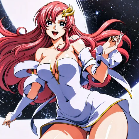 (masutepiece, 4K, Best Quality, Anime style: 1.9, bold drawing lines, High color saturation, Space background, Detailed face, tall, Adult Woman, lovely, (White background), Drawing lines, hight resolution, Anime, lacus4. White dress with pink design), 1gir...