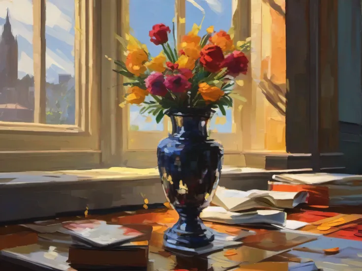 Illustration, ((flower explosion)), Flower Vase: ((Explosions & Sophisticated Architecture))., Masterpiece, 16k UHD, acrylic painting, Palette knife, ((impasto)), by greg rutkowski edward hopper, inception-the-movie-style, sophisticated architecture, arbot...