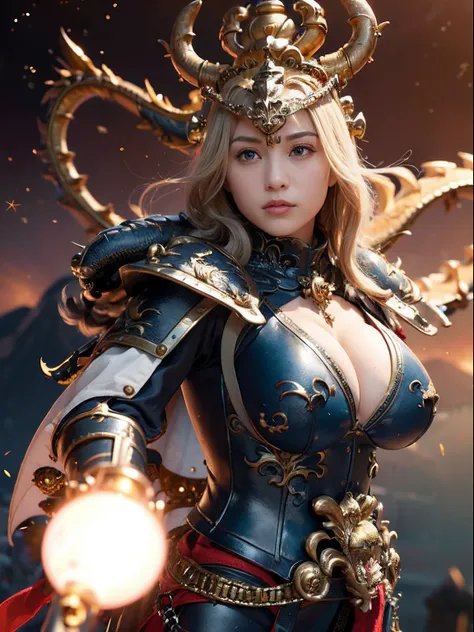 (masutepiece), Professional , ​masterpiece、top-quality、photos realistic , depth of fields 、（Dragon Black Metal Body:1.９),(Matte Blue Black、（cleavage of the breast）、Dragon Gold Weapon（Dragon Metal Body:1.４),Gorgeous gold weapons ,（（ Dragons dense and gorgeo...