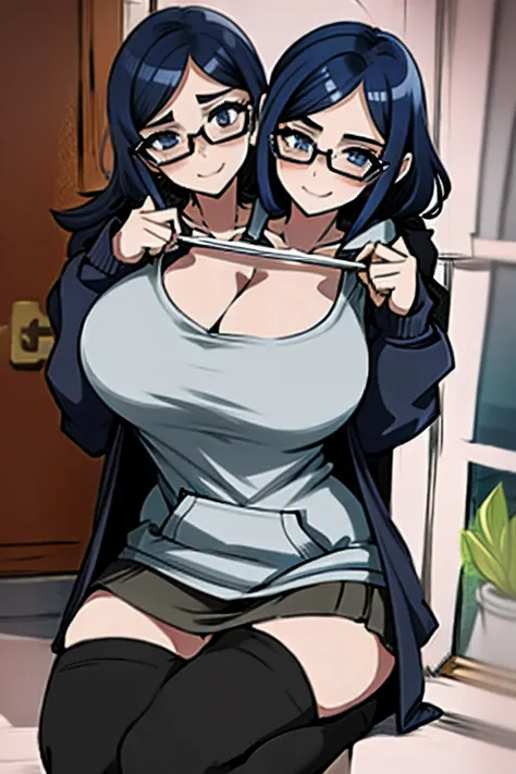 2heads, a short overweight woman with 2 heads. She has gigantic breasts. She is very short. She has a fat overweight stomach. She is wearing a hoodie. She is wearing a short skirt and thigh socks. She is wearing glasses. She looks nerdy. She is unzipping h...