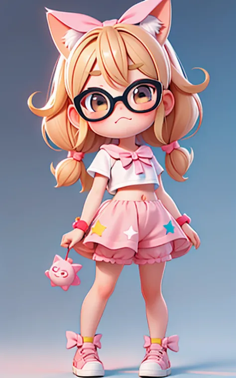 pixar, 1girl, cat, blonde hair, cute glasses, brown eyes, star hair ornament, hair ornament, blush, bow, star (symbol), looking at viewer, ahoge, closed mouth, hair bow, animal, crop top, short pants, head rest, short hair, solo, bangs, child, pink bow, fe...