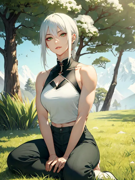 A serene fair-skinned kunoichi with snow white hair, piercing green eyes, and captivating red eye makeup, calmly seated on the lush green grass, sporting fatigued baggy eyes and defined muscular physique.