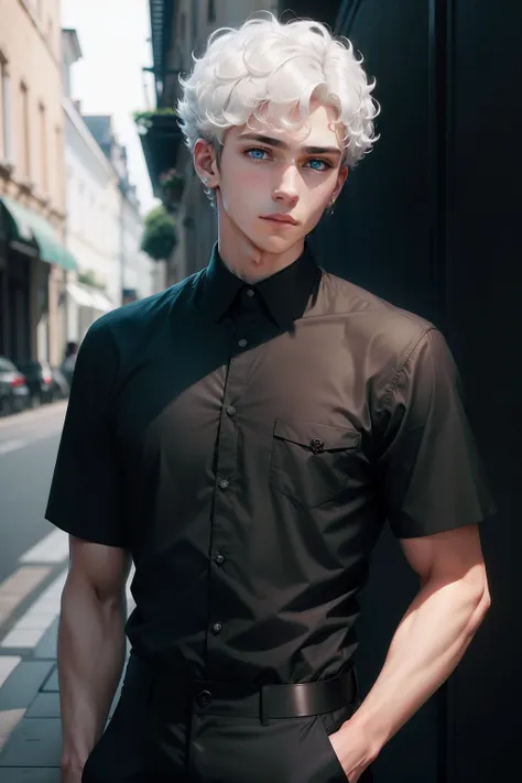 A young man, white short curly hair, Cyan eyes, black shirt, White rose in your pocket