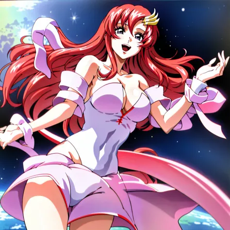 (masutepiece, 4K, Best Quality, Anime style: 1.9, bold drawing lines, High color saturation, Space background, Detailed face, tall, Adult Woman, lovely, (White background), Drawing lines, hight resolution, Anime, lacus4. White dress with pink design), 1gir...