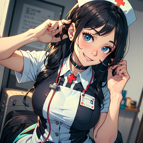 Cute nurse, genuine smile, trying not to laugh, blushing hard, black hair, blue eyes, goth