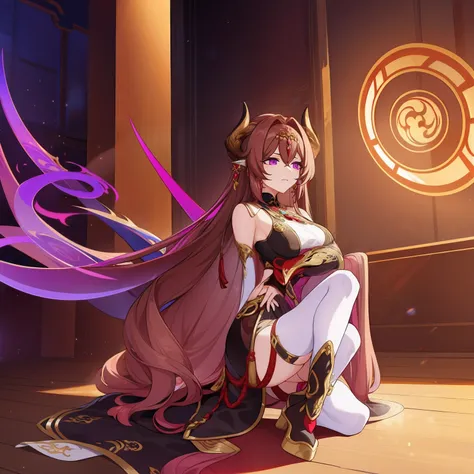 Woman, messy light brown long hair with a purple tint, dragon horns and tail, white and black Chinese dress with tight-fitting elements on her arms and legs, gold divine light, Gods gaze, a sun circle, indifferent and cold gaze, light lipstick, light eyes