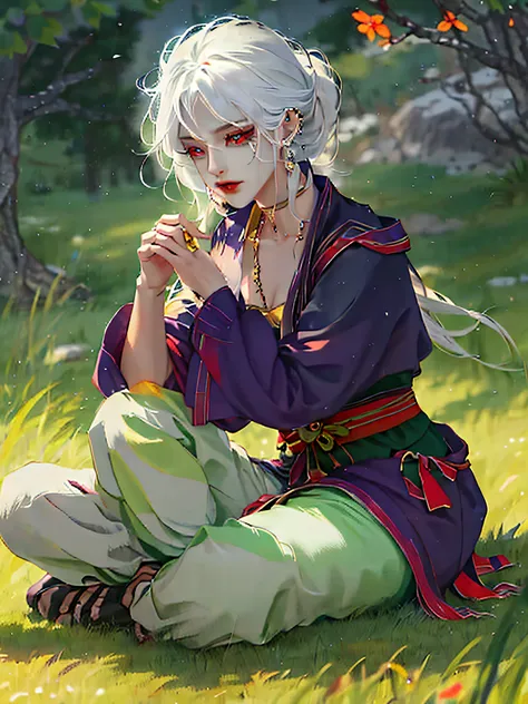 A serene fair-skinned kunoichi with snow white hair, piercing green eyes, and captivating red eye makeup, calmly seated on the lush green grass, sporting fatigued baggy eyes and defined muscular physique.