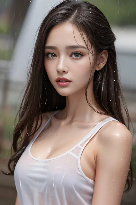 (Best quality, 4k, Masterpiece :1.3), pretty woman, 1girl, sexy :1.1, dark brown hair: 1.1, (rainy wet, wet from rain, wet body :1.2), white tank tops, ultra-detailed face, detailed lips, detailed eyes, double eyelid