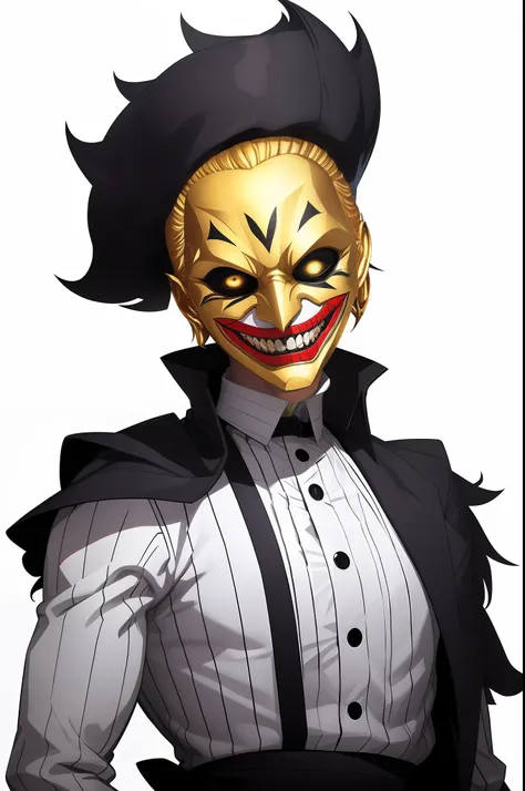 golden mask, golden face, goldeni new face joker, digital art from danganronpa, evil grin, kawacy, jazza and rossdraws, [[[[grinning evily]]]],