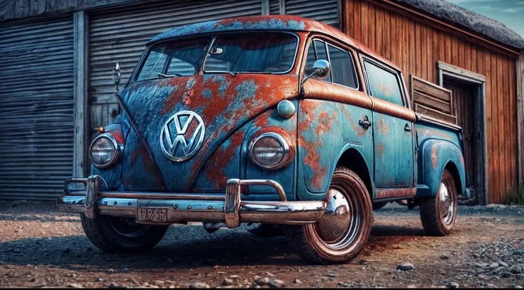 an intricate image of an old blue volkswagen pickup truck is parked by the garage, in the style of clean and streamlined, staini...