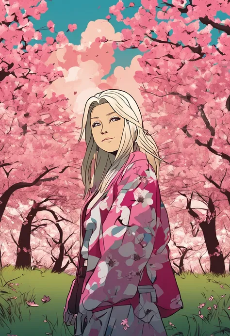 "Create a movie poster inspired by Masashi Kishimotos Naruto featuring Lady Tsunade in a vibrant cherry blossom field."