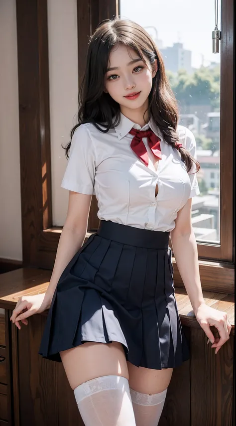 korean school uniform, white and blue summer school uniform shirt, belly is visible、ribbon ties, short skirts, school classroom,...