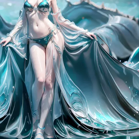 ​masterpiece, top-quality, ultra-detailliert, illustratio, portraitures, 1girl in, blue eyess, greyt hair,middlebreasts, swim wears, The bikini、Full body slender、long thin legs、A sexy、Cute、Under the sea、foam、