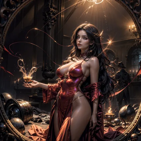 (obra maestra) (La mejor calidad) In a dark room of a strange reddish mist and golden sparks emerges a beautiful and beautiful witch of demonic appearance and great magical powers...... Your hair is being lifted upwards by a mysterious wind.