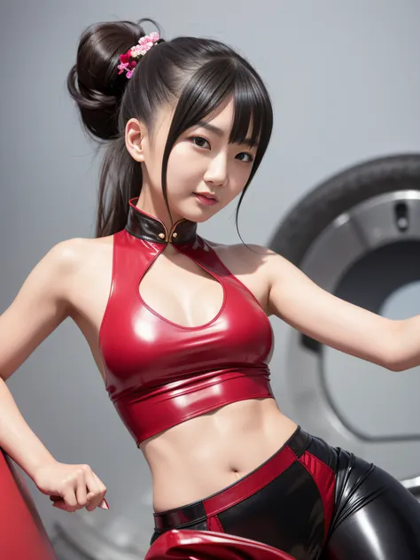 A beautiful Chinese girl got into the barrel of a circus cannon，Peerless beauty，Shiny rubber pants，Single ponytail hairstyle，Black hair，ssmile