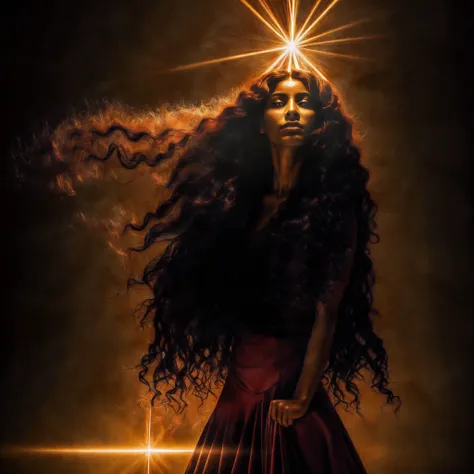 (obra maestra) (la mejor calidad) in a dark room of a strange reddish mist and golden sparks emerges a beautiful and beautiful w...