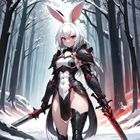 Bunny girl human hybrid, red eyes, white ears, full-body shot, fantasy concept, black armor, detailed, snowy background, forest, greatsword in hand