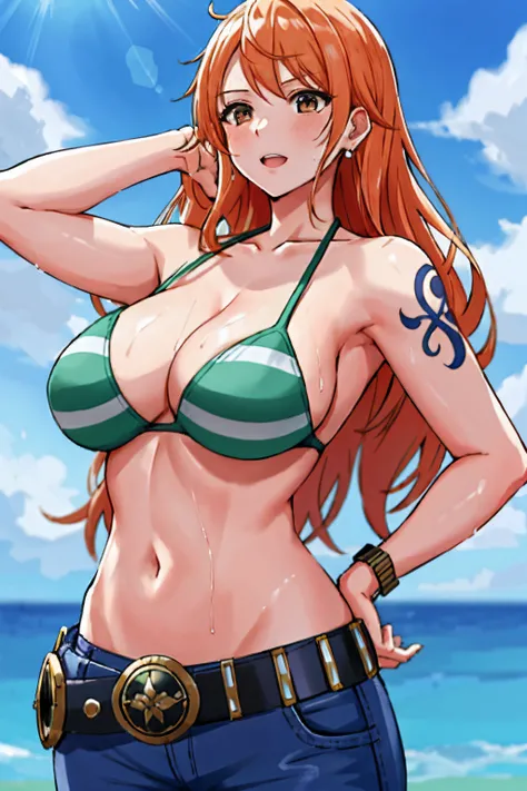 detailed background, masterpiece, 4k, epic, best quality, late youth, adult, wrestler body, strong, 1girl, active, energic, (large mouth) , solo, nami (one piece), 1girl, bangle, (very wet, drenched in sweat, sweat all over body, very wet hair, tired, open...