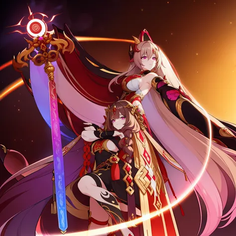 Woman, messy light brown long hair with a purple tint, dragon horns and tail, white and black Chinese dress with tight-fitting elements on her arms and legs, gold divine light, Gods gaze, a sun circle, indifferent and cold gaze, light lipstick, light eyes