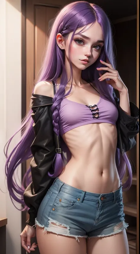 Girl with long purple hair, Slim, pretty, little chest, in shorts