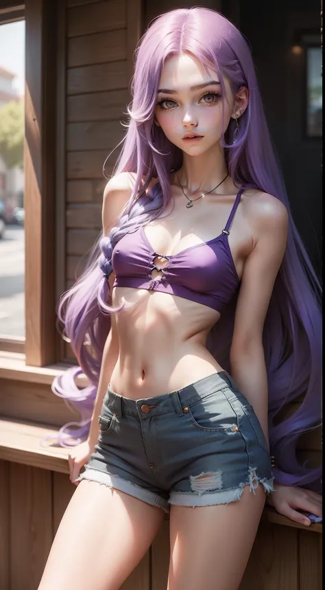 Girl with long purple hair, Slim, pretty, little chest, in shorts