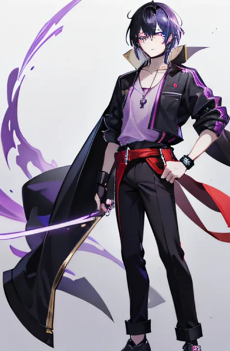 1boy, anime guy with long black hair with purple highlights, purple eyes, wearing a short-sleeved violet shirt, black trousers, a short open purple jacket with black sleeves, brown sandal boots with white socks, a metal pendant around his neck, black finge...