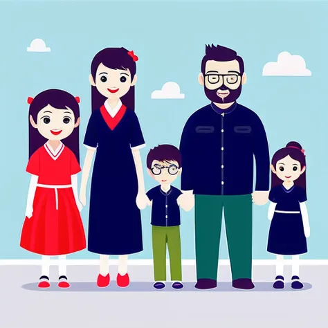 cartoony，Family of three，Korean department，solidcolor，Handsome dad，Beautiful mom，Lovely daughter