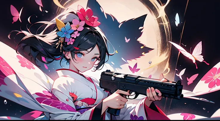 teens girl、Handgun shooting practice、Fine Pattern Pistol、ultradetailed eyes、Rainbow painting drops、Full Paint、Splash、Long color hair、Paint Kimono、Super luxury kimono、Rainbow Paint Kimono、（hair adornments、耳Nipple Ring、Floral hair ornament、butterfly hair orn...