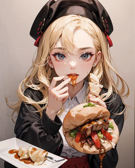 Real blond Girl eating Donner kebab with sauce dripping from face