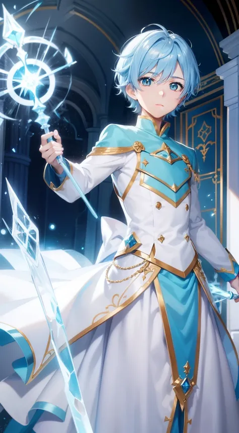 (1 Young boy)，(Light blue anime short hair，blue color eyes)，Blue and white exquisite magician costume，Many magic effects，with light glowing，Ice staff，Playful，underground room，tmasterpiece