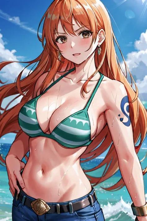 detailed background, masterpiece, 4k, epic, best quality, late youth, adult, wrestler body, strong, 1girl, active, energic, (large mouth) , solo, nami (one piece), 1girl, bangle, (very wet, drenched in sweat, sweat all over body, very wet hair, tired, open...