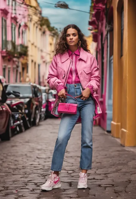 Uma menina fofa e com olhos azuis, cabelo rosa e comprido, wearing a pink jacket and jeans and holding a Prada bag.