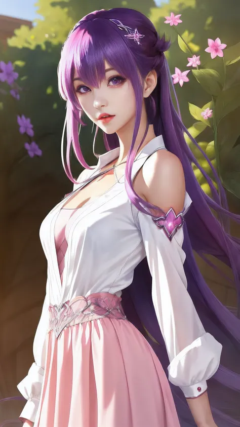 1 girl anime with long pink hair, violet eyes, white skin, medium breasts, beautiful lips, beautiful nose, short skirt, half open shirt. defined curves. soft body.