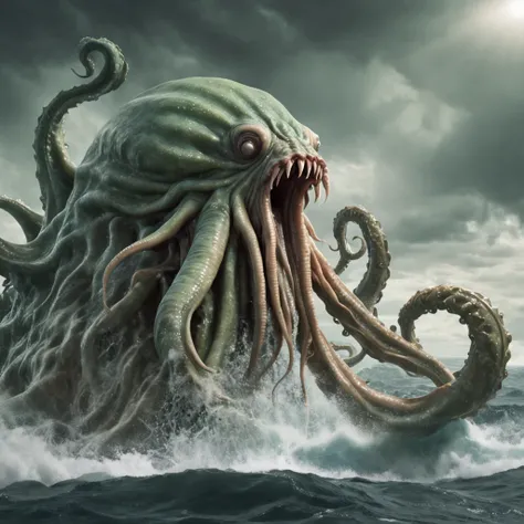 Sea Creature attacking a ship in a storm, Cthulhu rising from the ocean, leviathan Cthulhu squid, Lovecraftian sea creature, photo of Cthulhu, Cthulhu squid, scary sea monster, deep sea monster, giant squids battling in the sky, tentacled creature mix, big...