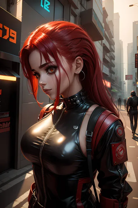 perdida em um cidade pegando fogo, uma garota cabelo vermelho,cyber punk e muito sexy