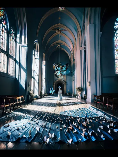 Character faces，Farewell to the middle view，In church，Stand in a flock of butterflies，Butterflies surround people，Many butterflies，symetrical composition，Huge floor-to-ceiling windows，brightly，Many blue butterflies，Many small butterflies，Flocks of butterfl...