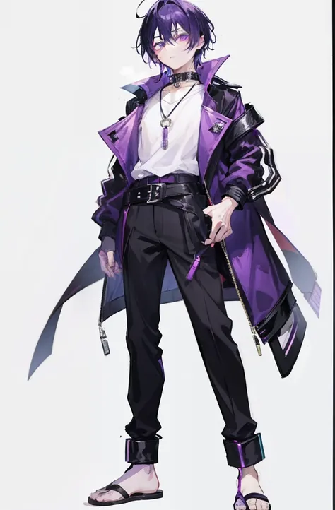 1boy, anime guy standing in front of a black background, with long purple hair, purple eyes, wearing a short-sleeved violet shirt, black trousers, a short open purple jacket with black sleeves, brown sandal boots with white socks, a metal pendant around hi...