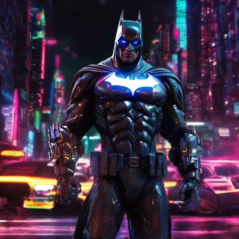 a Batman with brushed steel uniform, cybernetic, his uniform is reflective, robocore, neon, blurred city lights in the background, dark night, movie scene, dark environment, color palette that conveys exotic