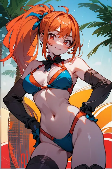 2D, ​masterpiece, top-quality, animesque, ighly detailed, 1girl in, 独奏, ((The bikini))、Blue swimsuit、 cowboy  shot, bright orange hair、side poneyTail、Glowing red eyes、Red gloves、Sexy pose with hands on hips, the beach, sima, Palm trees, vague, A smile