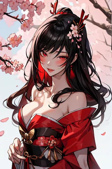 Create the image of a geisha dressed in elegant clothes, with cherry blossoms falling around her like a shower of beautiful flowers, The geisha is holding hands and covered in blood, and making a face like a yandere woman