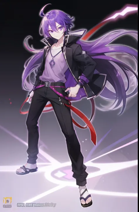 1boy, anime guy, long purple hair, purple eyes, wearing a short-sleeved violet shirt, black trousers, a short open purple jacket with black sleeves, brown sandal boots with white socks, a metal pendant around his neck, black fingerless gloves, red cloth ti...