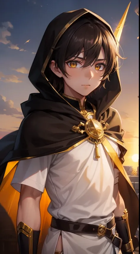 (1 Young boy)，(Dark brown gradient anime short hair，Brownish-yellow gradient eyes)，Delicate Egyptian white hooded cloak，the setting sun，Delicate golden glowing spear，serious-expression，tmasterpiece，with light glowing，火焰