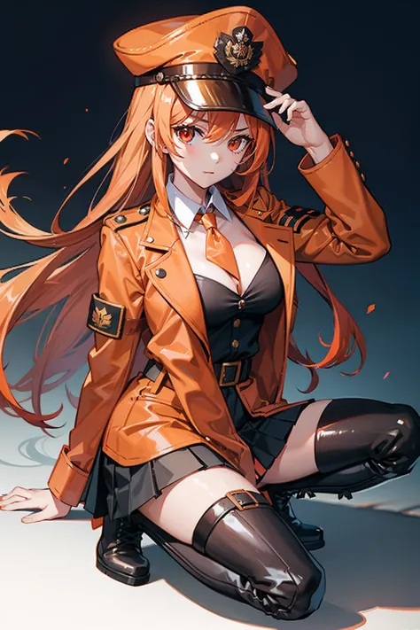 1girl, orange long hair, cleavage, collared jacket, military jacket, military hat, military uniform, pleated skirt, boots, red eyes