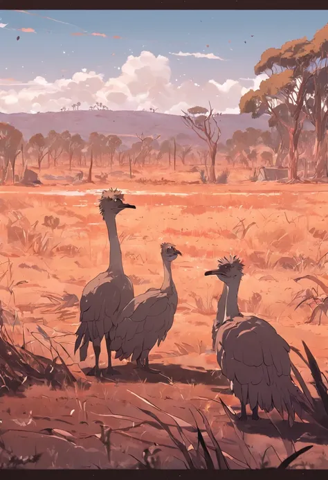 Design an image capturing the Australian outback with emus in the foreground and soldiers in the background.