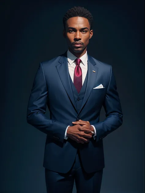 Man with brown looking skin of 35 years well dressed with navy blue suit black photo background