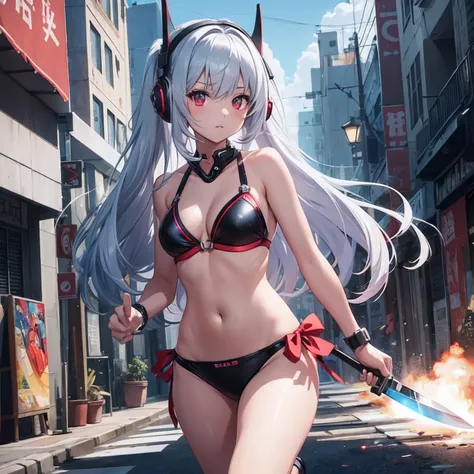 hiquality、Girl in magical bikini swimsuit runs、explosions、loimu、story、big explosion、Cyber Headphones、Silvery hair、poneyTail、Red Eyes、Super explosion、Holding a knife、Street