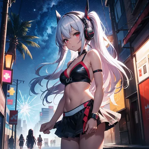 hiquality、Girl in magical bikini swimsuit runs、explosions、loimu、story、big explosion、Cyber Headphones、Silvery hair、poneyTail、Red Eyes、Super explosion、Holding a knife、Street